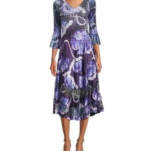 NEW Komarov V-Neck 3/4 Bell Sleeve Floral Print Mixed Media Aline Midi Dress
